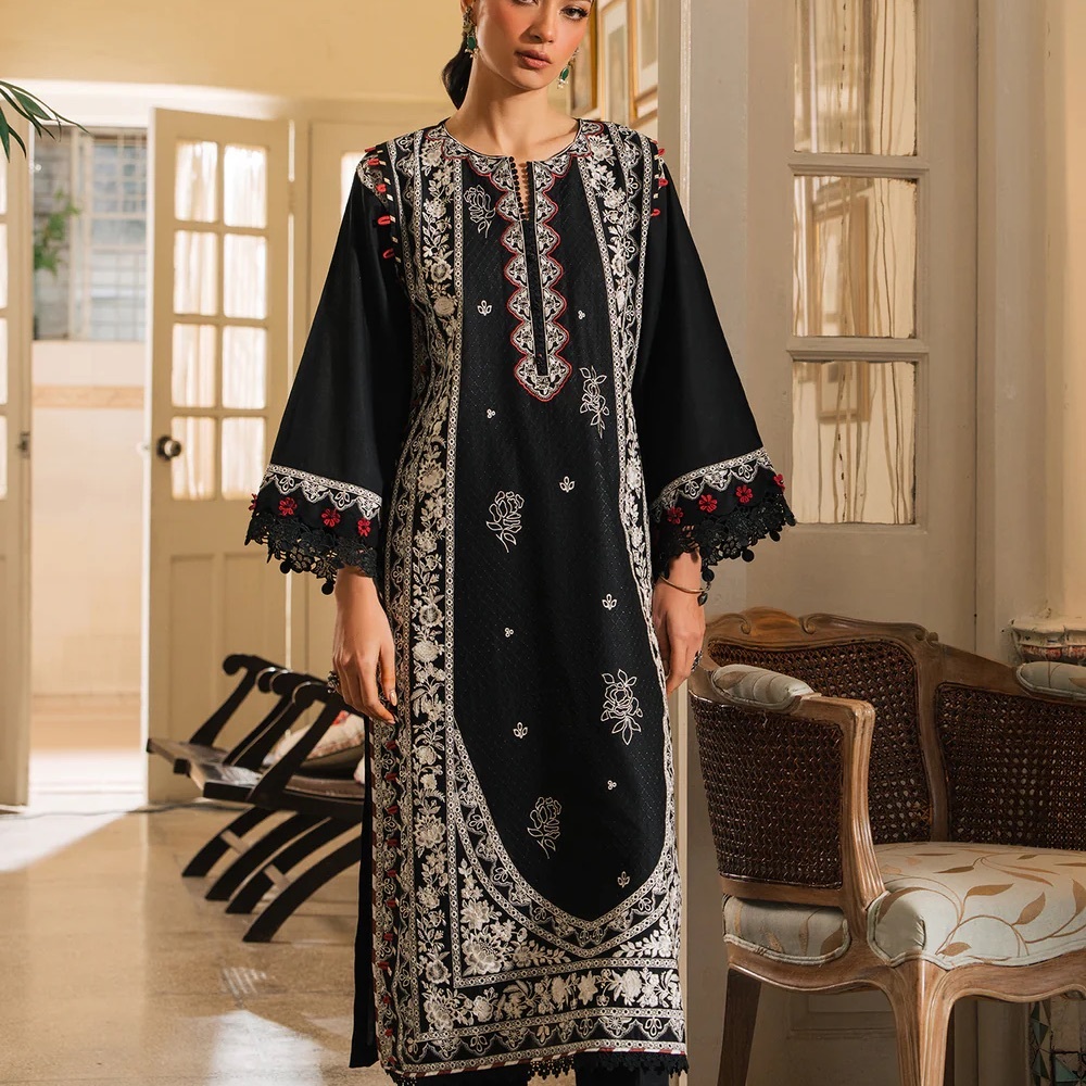 Elegant Black Embroidered Dress ethnic brand Pakistani set sz 40 chest